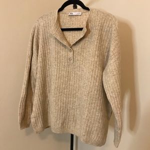 Zara Beige Ribbed Oversized Henley Sweater